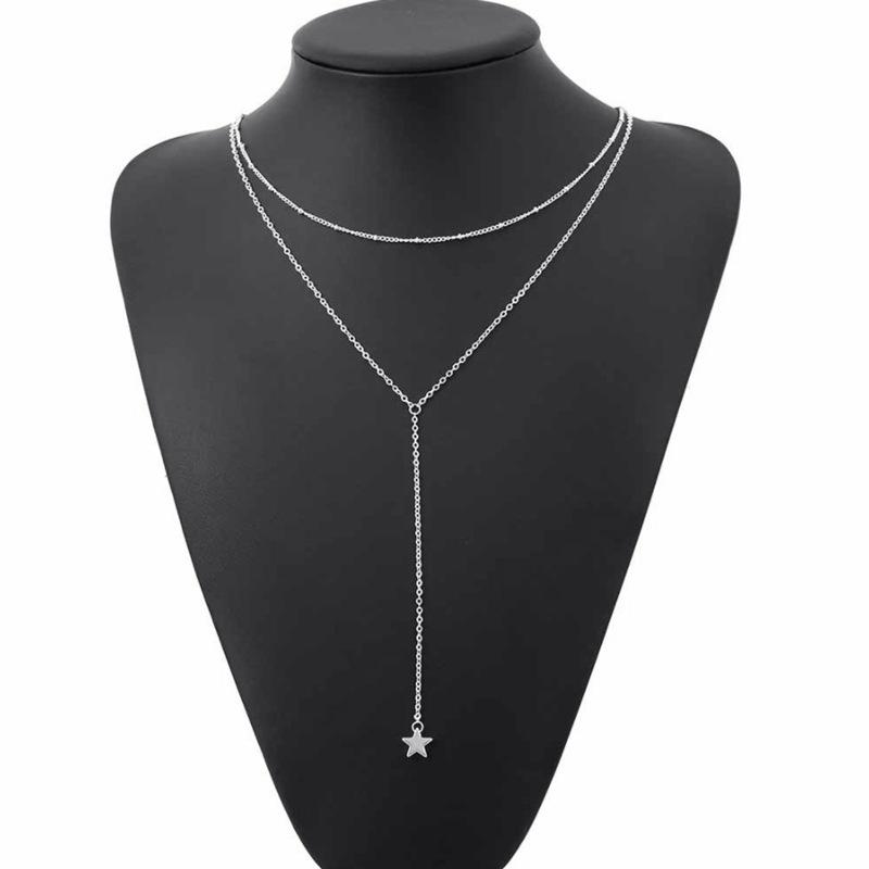 

Retro women street shot with the same neck chain fashionable, double-layer copper bead chain star pendant necklace срібний