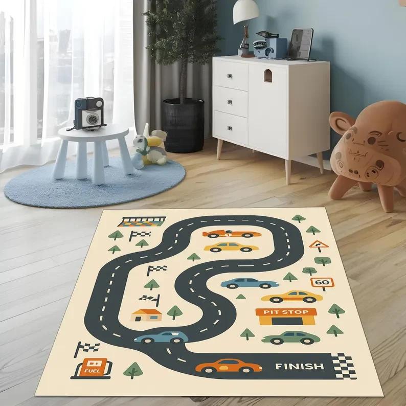 Race Track Kids Rug Car Play Mat Road Map Carpet Boys Room Decor Soft Playroom Rug, Educational Toddler Carpet Nursery Rug Gift