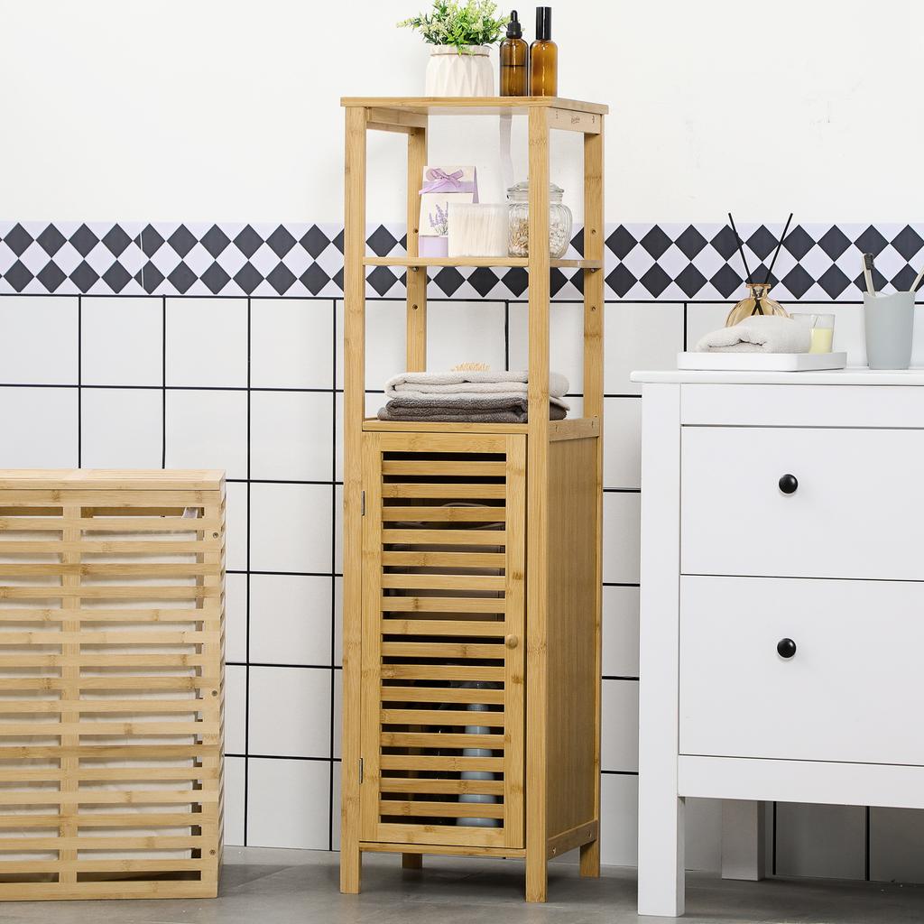 Bathroom Shelf, Cabinet Compartment with Louvered Door, Adjustable Shelves, Bamboo, approx. 33 x 30 x 120 cm