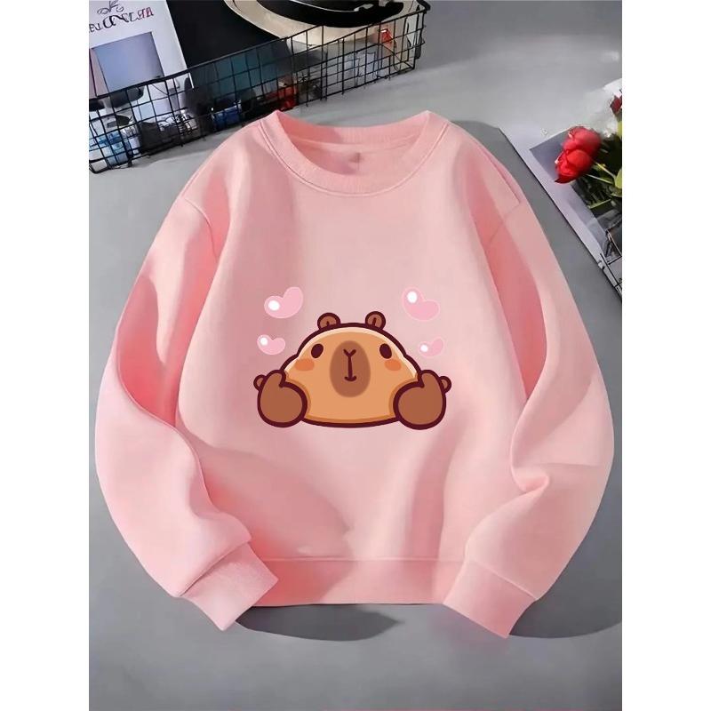 Girls' Crewneck Sweatshirt - Cute Bear with Hearts Background Machine Washable, Spring And Autumn, Sportswear And Casual Wear, Soft And Comfortable