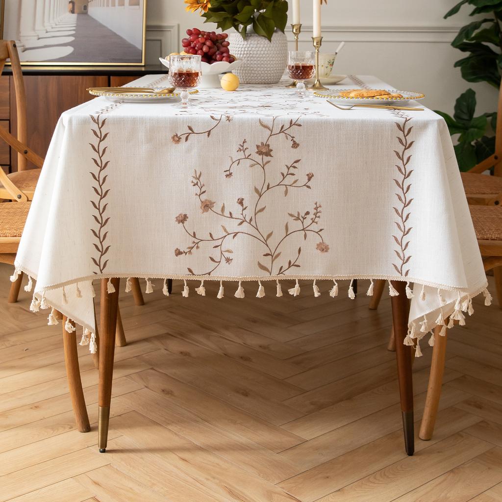 Amazon Nordic Embroidered Table Cloth Plant Flower American Decorative Rectangular Table Dust Tablecloth
