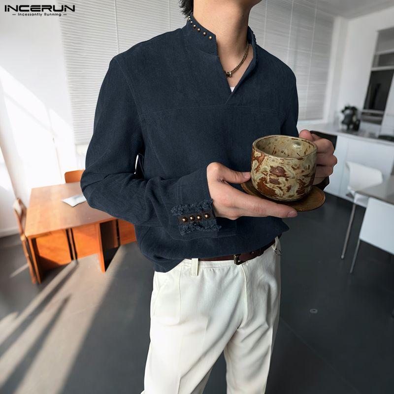 INCERUN Spring Men Stand Neck Long Sleeve Beading Casual Pullover T-shirts Tops