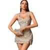 Pailletten Mini-Kleid Glitzernd Breiter Träger Quadratischer Ausschnitt Rückenfrei Bodycon Kurz Gewand Sexy Seitenschlitz Glitzer Ärmellos Geburtstagsparty Cocktail Club Kleid