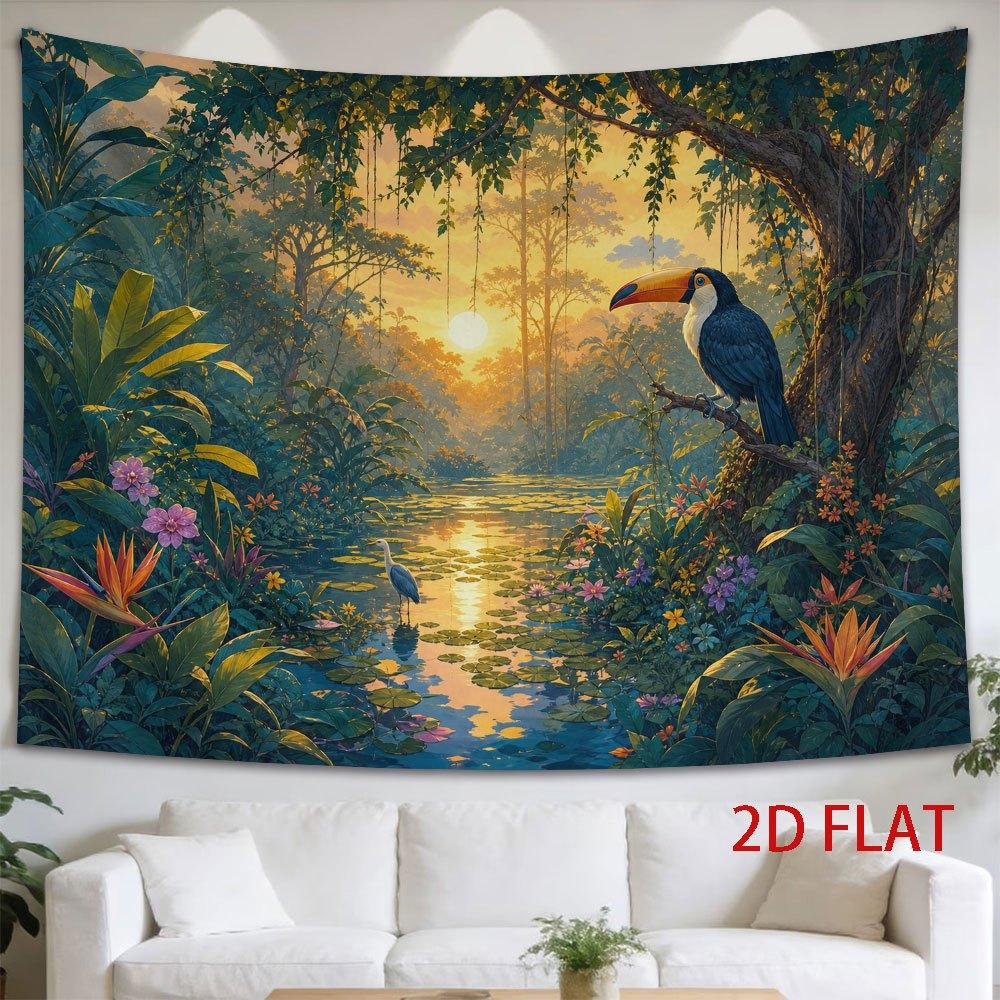 1pc Horizontal Jungle Tapestry Wall Hanging - Tropical Rainforest Dawn with Toucan, Water Lilies & Exotic Flowers, Horizontal Jungle Wall Suitable for