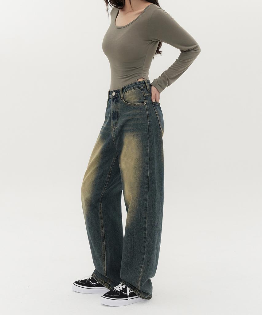 Akeusi Loose Washed Balloon Fit Wide Denim Pants Unisex (Yellow-Blue)