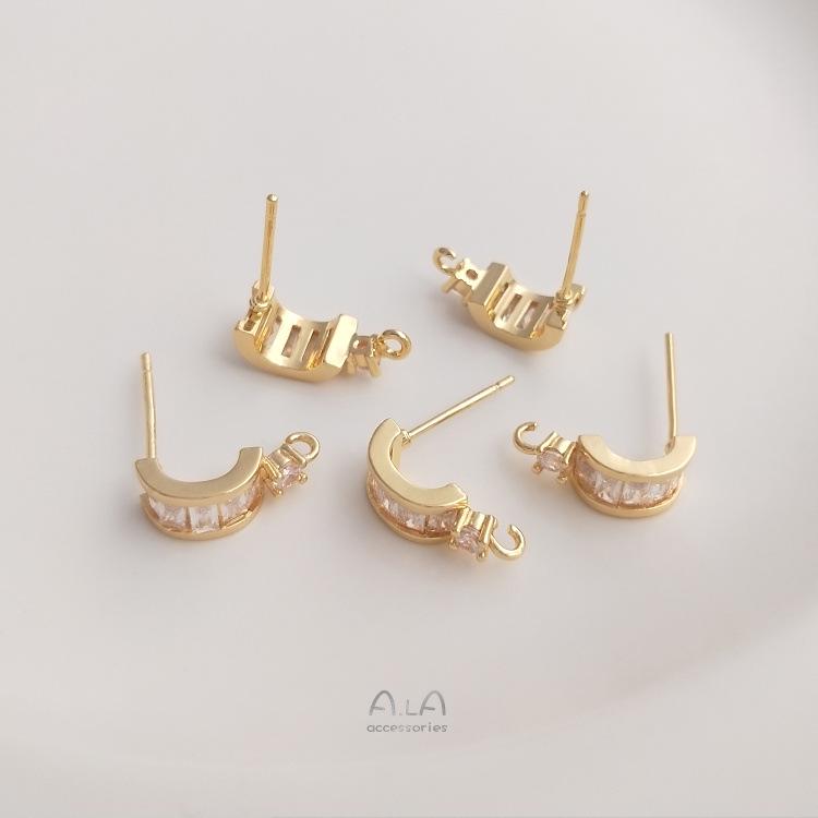 14K Gold-Filled Zircon C-Shaped Stud Earrings with Open Jump Ring and 925 Silver Posts