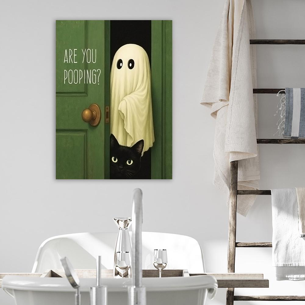 Funny Ghost Bathroom Wall Art Poster Ghost Cat Cute Ghost Bathroom Wall Decor Funny Vintage Bathroom Canvas Painting