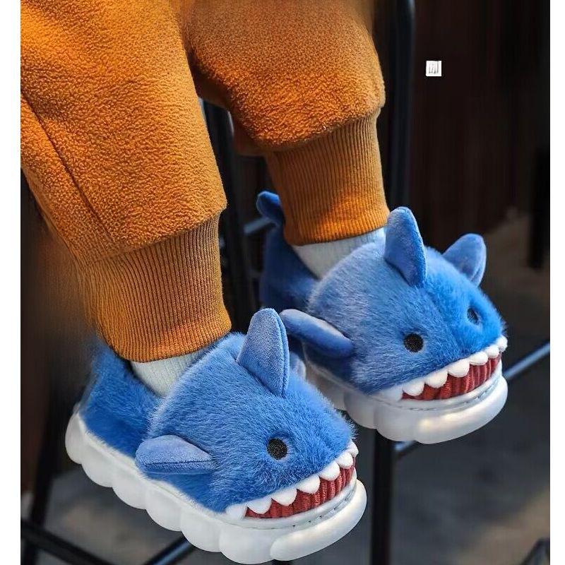 Boys' Cartoon Shark Cotton Slippers: Soft, Warm, Non-Slip Winter Shoes for Indoor Wear