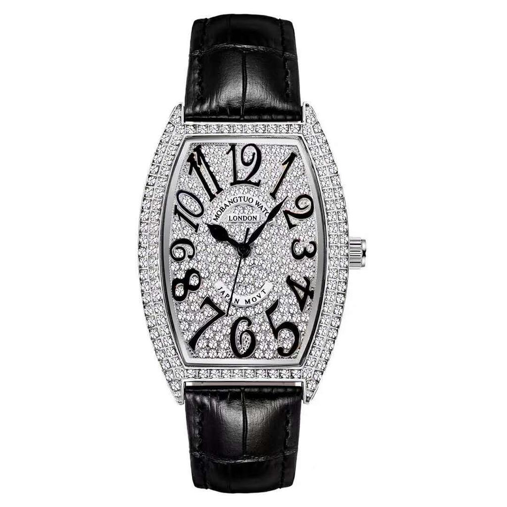 Voll Diamant Digitales Zifferblatt Mode Damen Armbanduhr Weinfass Lederarmband Studenten Trend Uhr