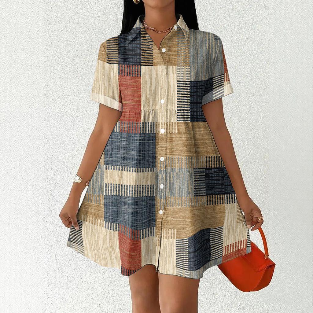 Women’s Casual Loose Fit Shirt Dress Button Down Stand Collar Short Sleeve Relaxed Tunic Dress with Geometric Print