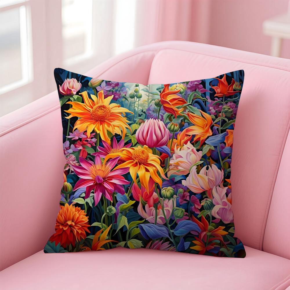Bright Gorgeous Anime Stunning Colorful Floral Cushion Cover Linen Pillowcase Cover Soft Decor for Sofa Home Room