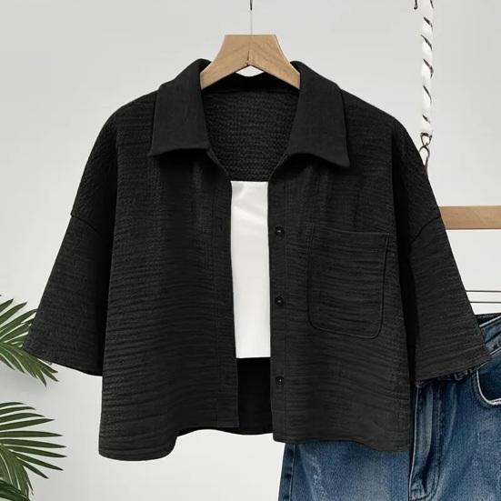 Camicia da Donna con Collo a Revers Manica Corta Top Corti Tipo Monopetto Casual con Tasca a Toppa
