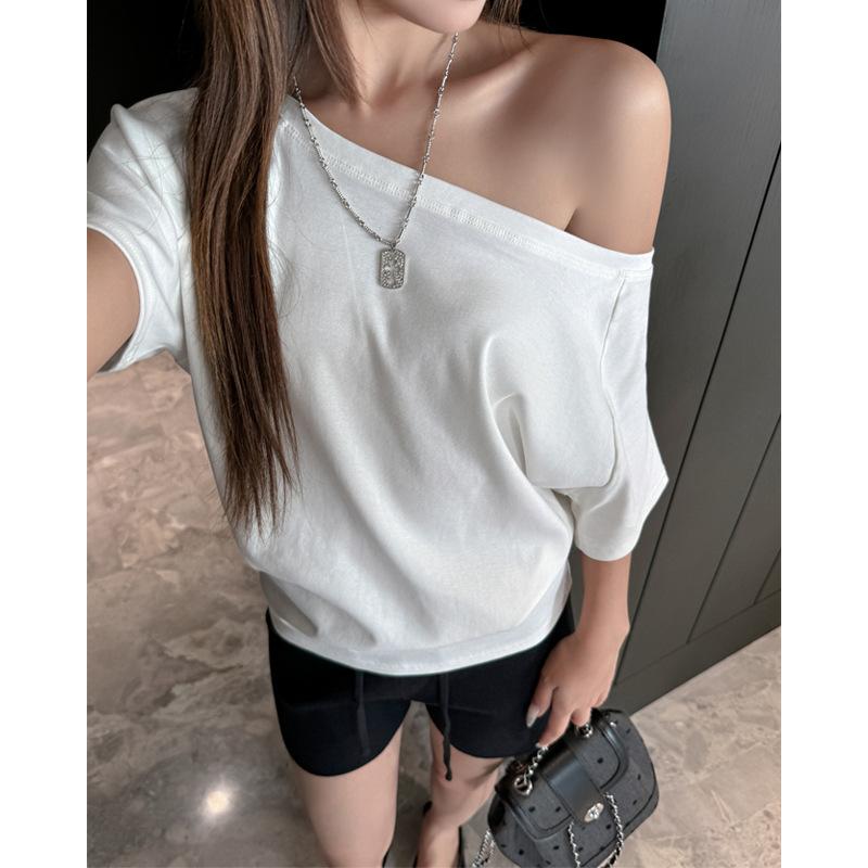 Loose One-word Shoulder Short-sleeved T-shirt Women's Solid Color Lazy Style Versatile Casual Design Niche Bottoming Shirt