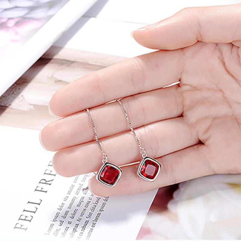 925 Sterling Silver Korean Simple Crystal Long Vintage Dangle Earrings for Women Elegant Geometry Emerald Ear Drops Ruby Jewelry