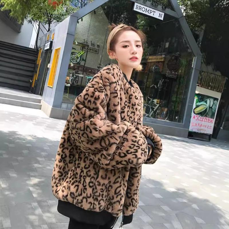 Autumn and Winter Leopard Print Jacket Rabbit Fur Jacket Fashion Baseball Jersey Threaded Women's Clothing Medium and Long Zipper Fur Clothes