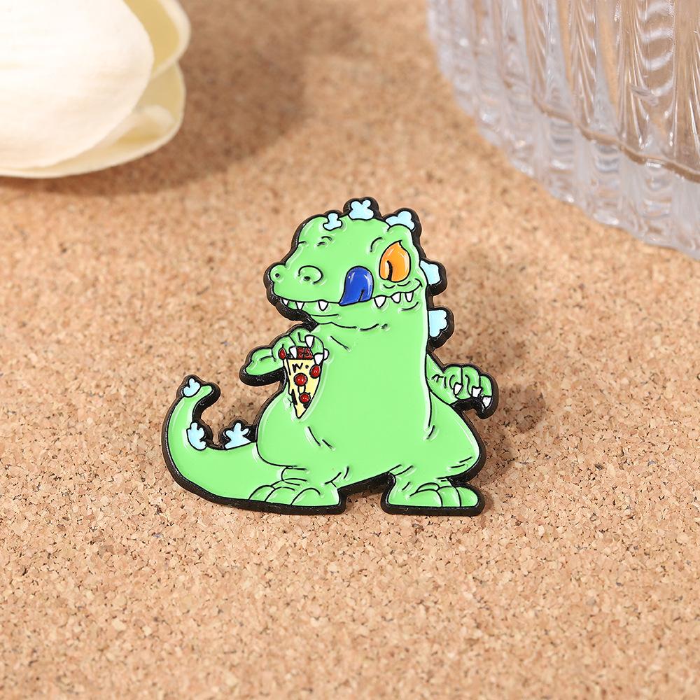 Explosive creative cartoon green eat pizza dinosaur alloy brooch clothes bag decorative metal badge zinc alloy