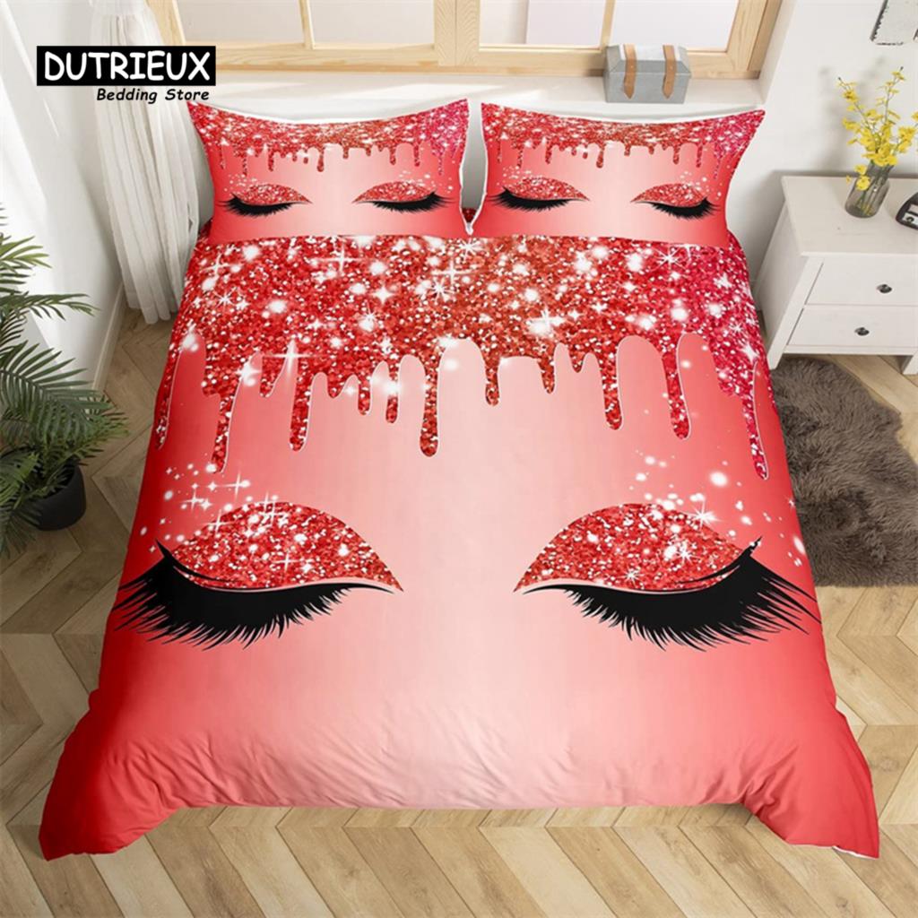 Eyelash Duvet Cover Set Eyes Pattern Design Comforter Cover Microfiber Girly Priness Style Glitter Twin King Queen Bedding Set