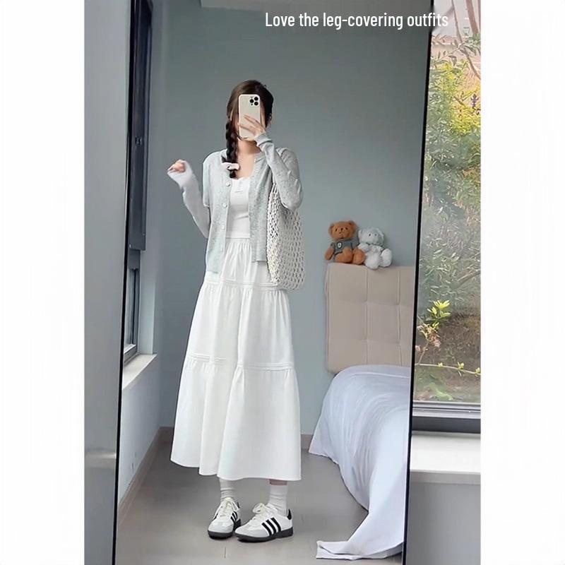 Women's White High-Waist A-Line Midi Skirt - Slimming, Petite Fit, Autumn 2025