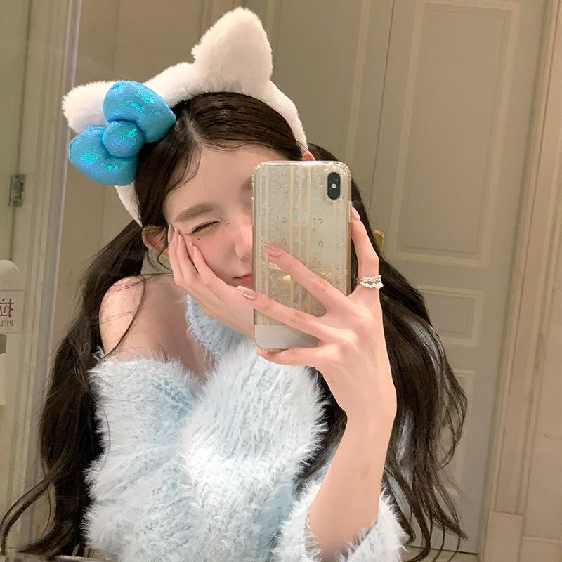 Super Cute Niche Hair Band Casual Cat Ear Plush Headband Used For Washing Face Sequin Bow Headband Women'S Photo Hair Accessory