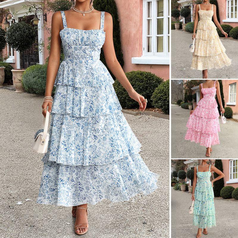 Amazon European and American Foreign Trade Women clothes 2025 Spring and Summer Temperament Mori look Floral Contrast Color Chiffon Sling Dress