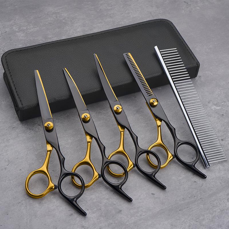 All-Steel Pet Grooming Scissors Set: Flat-Tooth & Curved Trimmers for Dog Hair Care.