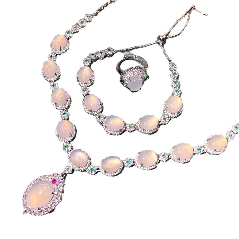 Juego de Joyería Vintage Chino de Calcedonia Zafiro: Colección de Lujo de Cuatro Piezas de Plata Chapada en Cobre