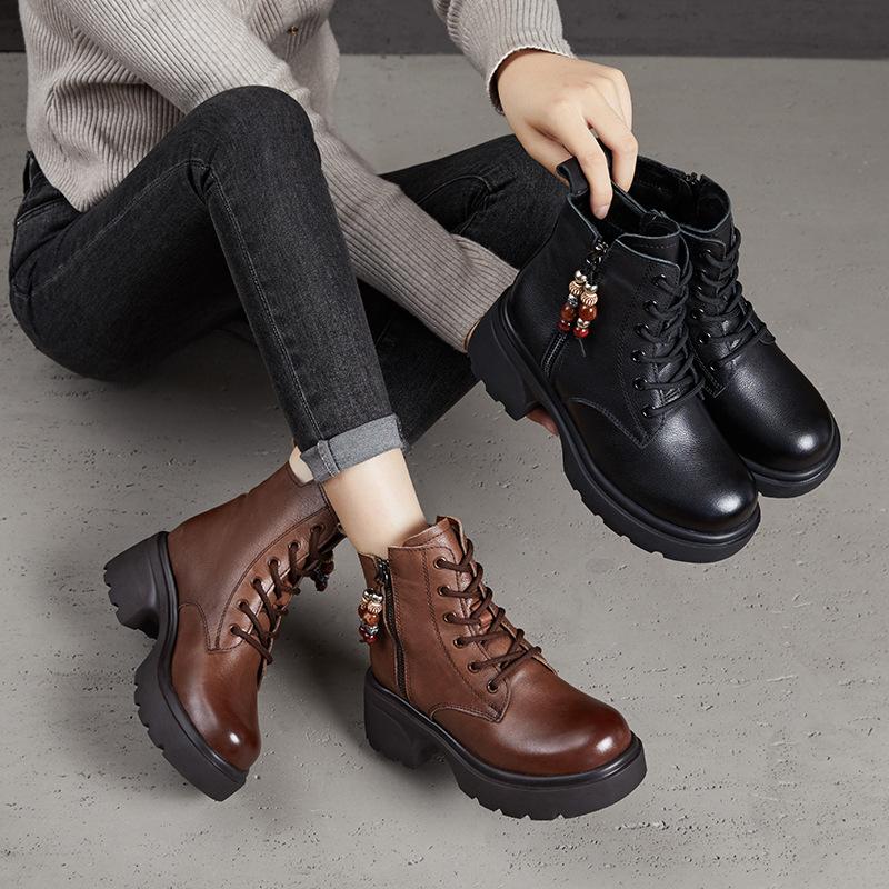 Leather Thick-soled Retro Martin Boots Women's Small Height-increasing Women's Shoes Autumn and Winter Ethnic Style Versatile Boots Women's Short Boo