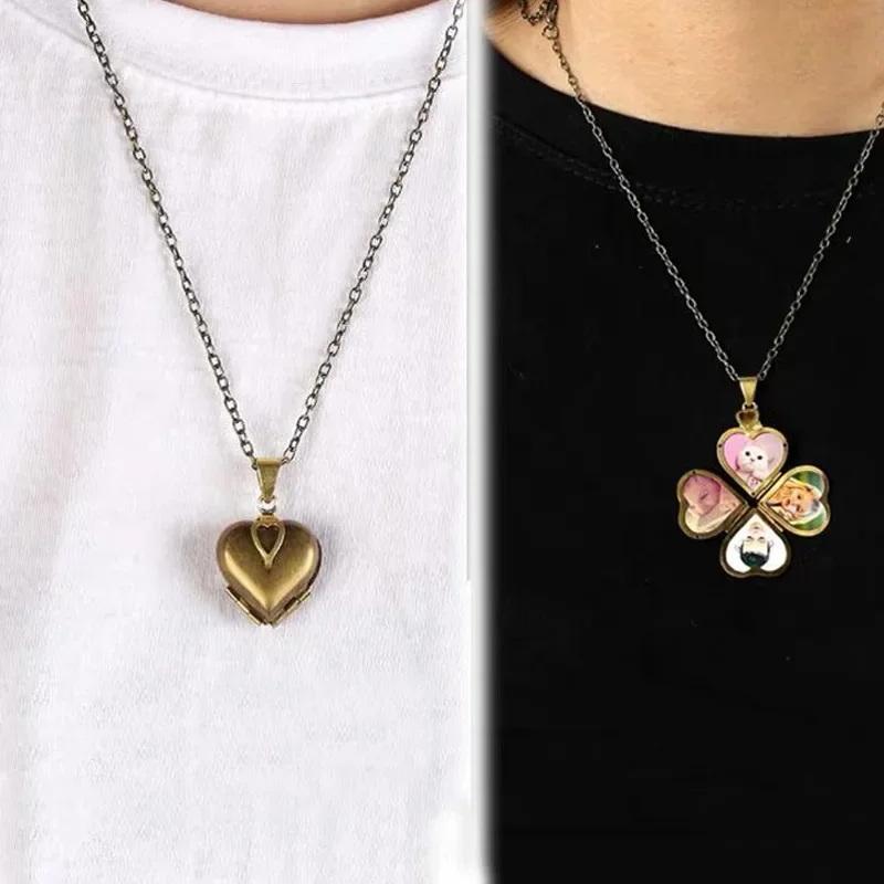 Colar Vintage Dobrável Multicamadas Coração Medalhão Família Fotos Personalizadas Pingente Trevo de Quatro Folhas Joias