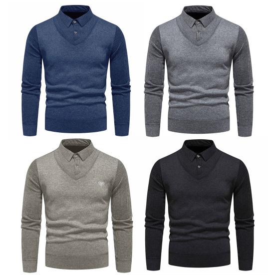 Pánský podzim Zimní svetr Umělý dvoudílný Dlouhý rukáv Knoflíky s klopou Pruhovaný svetr Pletený Slim Fit Měkký Teplý Elastická klopa Pánský Svetr v obchodním stylu