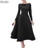 ZANZEA Women Casual Round Neck Solid Color Long Sleeve A-Line Dress