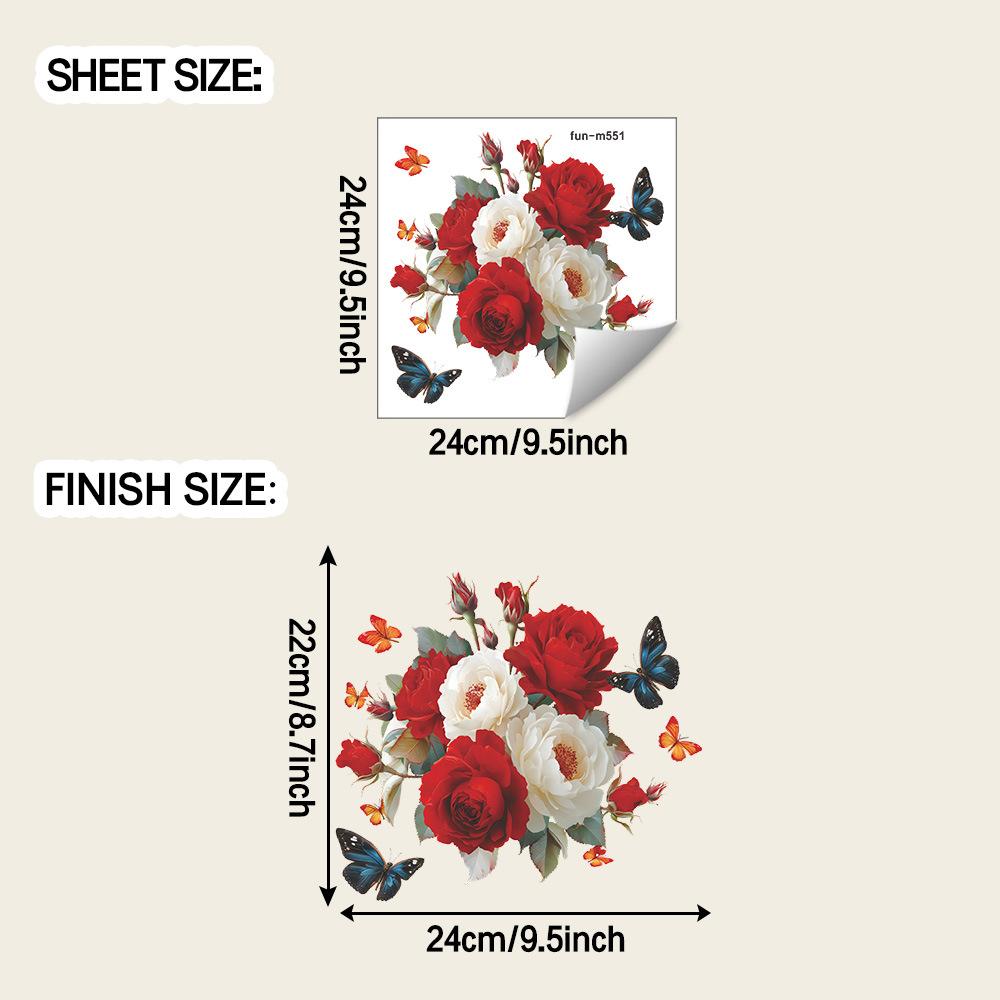 Hand Painted Red and White Roses with Flying Butterflies Toilet Seat Sticker Bathroom Decor Self-Adhesive Removable Decal