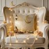 Soft Short Plush Cushion Cover Gold Moon Ethnic Festival Print 45x45cm Standard Size for Home Decoration
