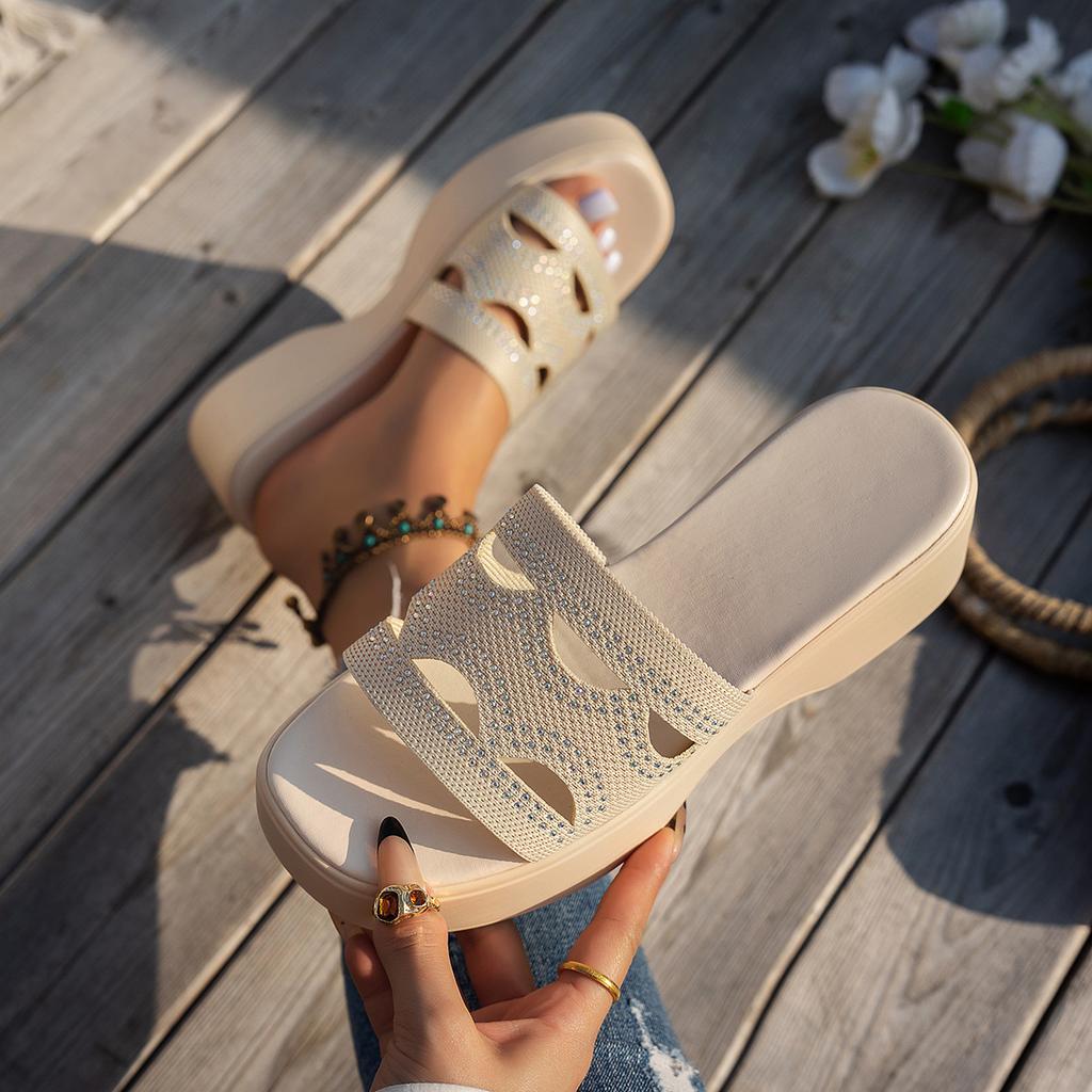 Fashion Summer Wedge Heightening Women Slippers Casual Fish Mouth Beach Slipper Outside Wear Fashion Leisure Rhinestone Sandal Slides
