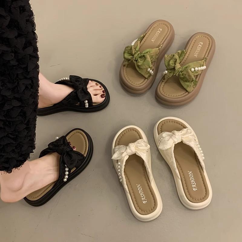 Bow Pearl Slippers Women's Summer New Outer Wear One-word Soft-bottom Sandals