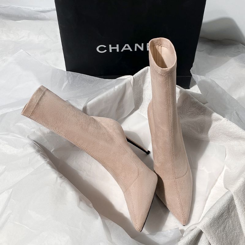 Socks Boots High Heel Thin Heel Pointed Apricot Korean Version Short Boots Women Thin Boots Suede Monsoon