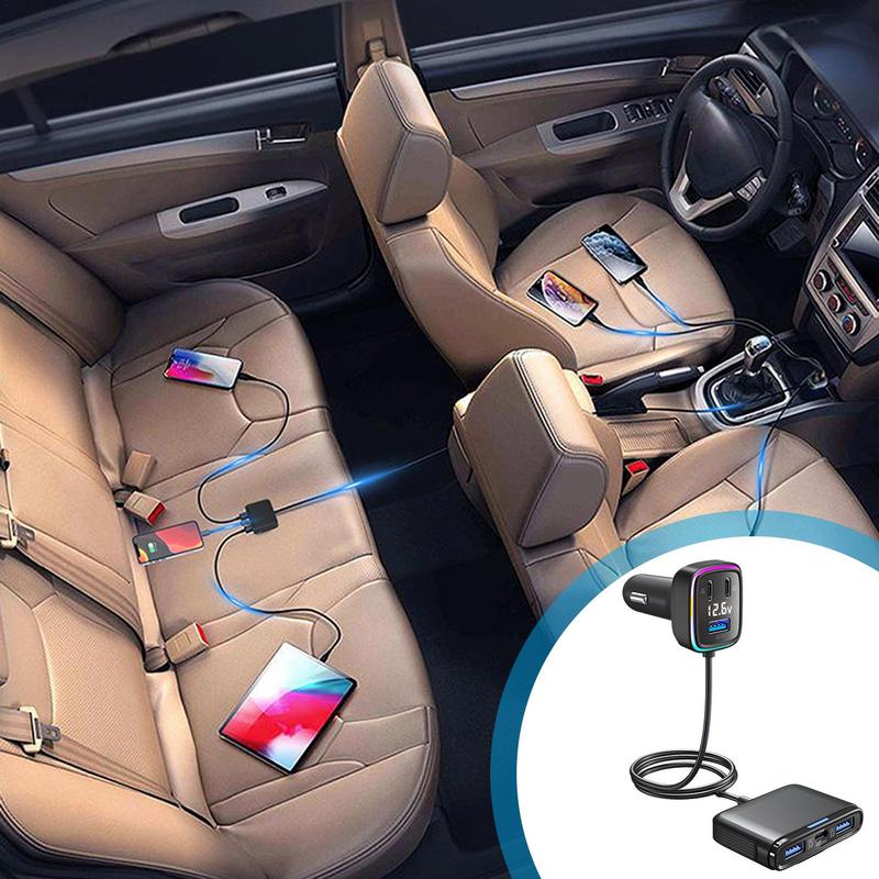 Car Outlet Adapter Automobile Charger Multiport 115W 6-Port Car Phone Adapter Voltage Display 1.5m Extention Pd&Qc 3.0 Type C