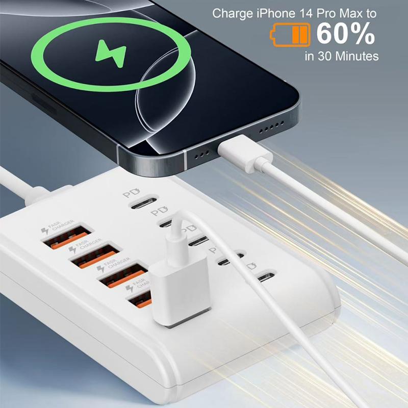 

10-портовое быстрое USB-зарядное устройство, удлинитель, концентратор с несколькими портами, адаптер, розетка, настольная зарядная станция, адаптер электрической розетки USB Type C белый