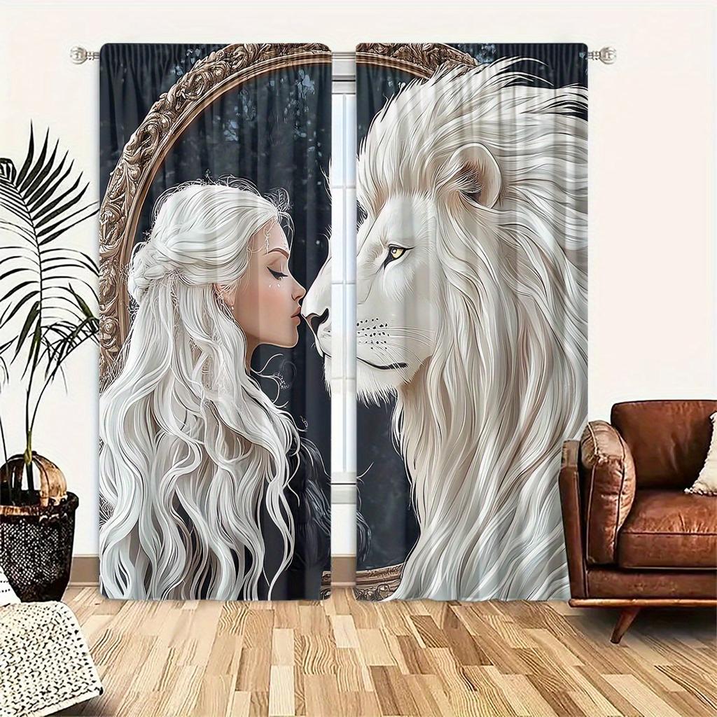 Set Of 2 White Haired Girl Lion Curtains Bedroom Living Room Office Curtain Sheer With Rod Pocket Polyester Ideal For Sitting