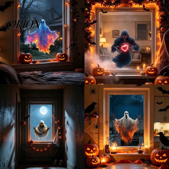 Weather Resistant Glass Ornaments Halloween Ghost Skeleton Grim Reaper Static Window Clings, Horror Break Through Spooky Theme Decals Decals,