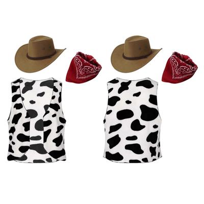 Mens Halloween Western Cowboy Cosplay Costume Cowboy Hat Cow Printed Flannel Waistcoat and Print Bandanna 3-piece Suit