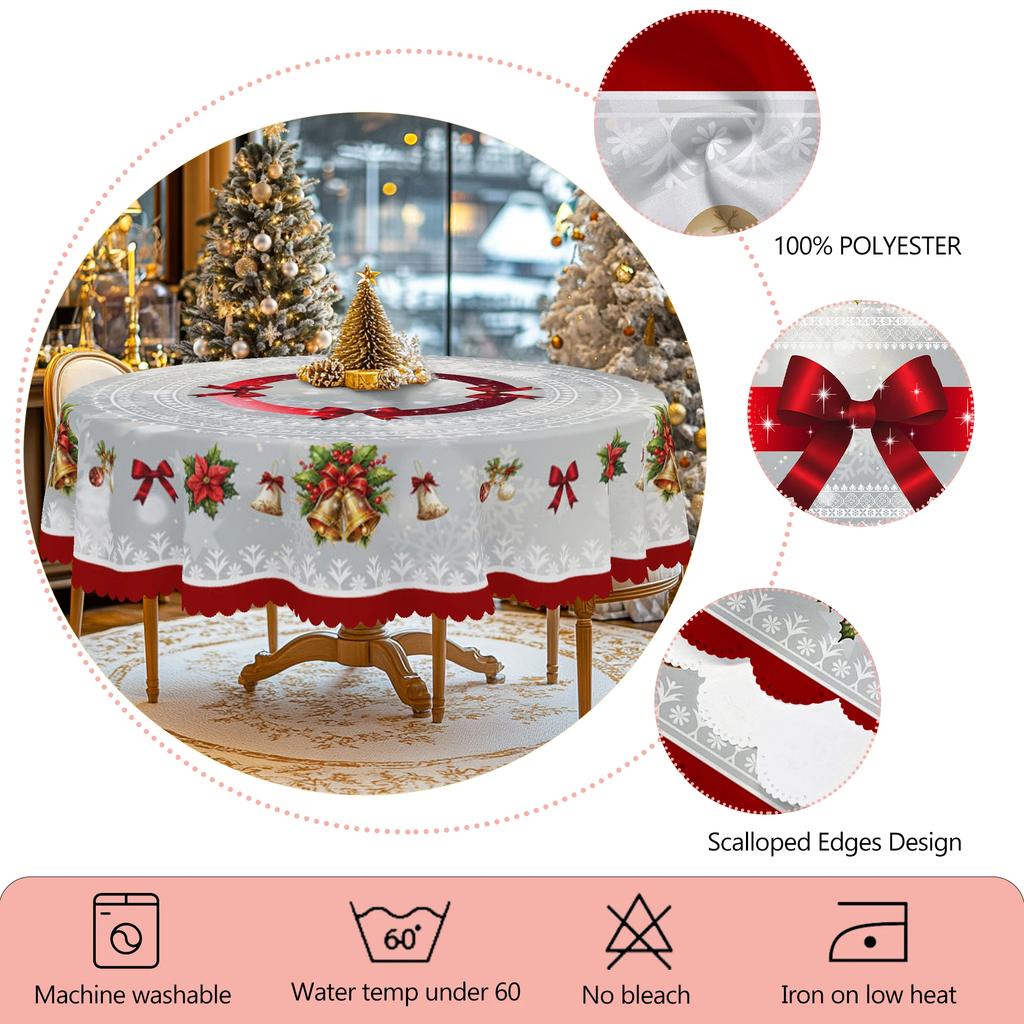 Printed Christmas Tablecloth with Flowers Bells Red Ribbons and Bow Designs for Holiday Use