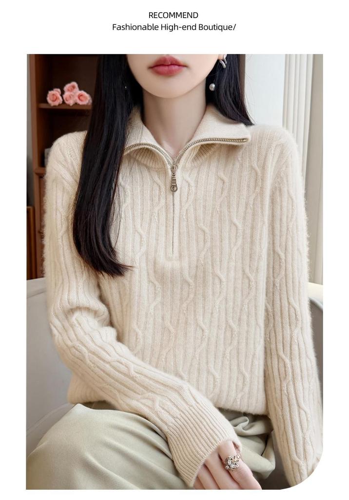 Women's Thick Wool Lapel Sweater: Autumn Winter, Half-Zip, Cable Knit, Long Sleeve Base Layer