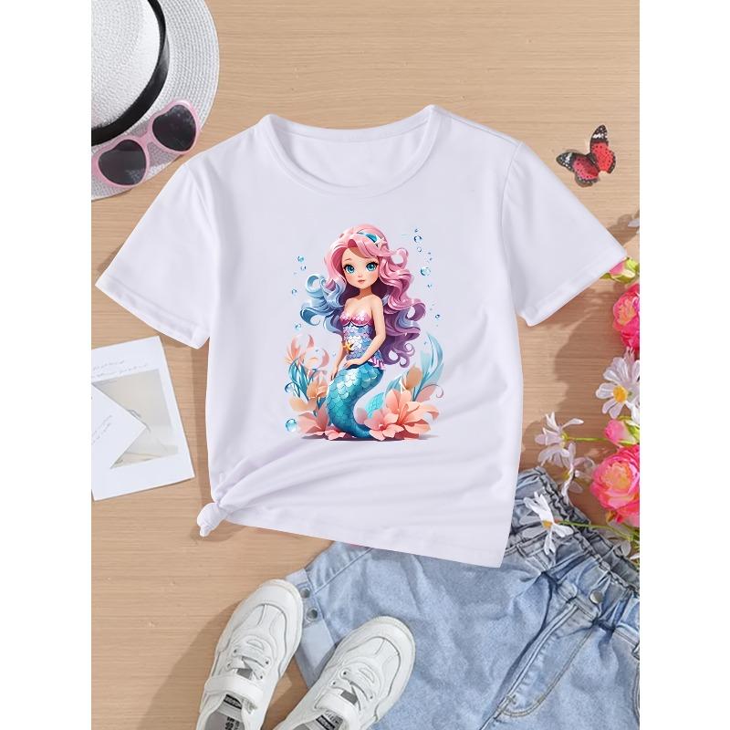 Girls Crewneck Summer Tee, Cute Cartoon Mermaid Princess Print Sweet Versatile Casual Short Sleeve Kids Top