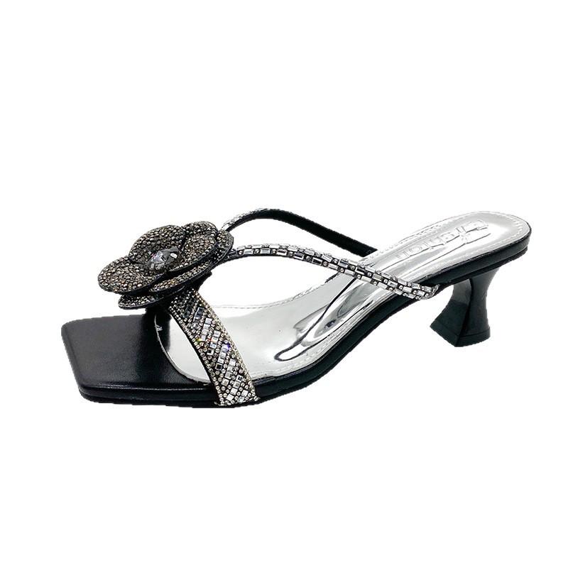 22 Summer New Fairy Style Temperament Beautiful Rhinestone Camellia Sandals High Heel Square Head Cool Slippers