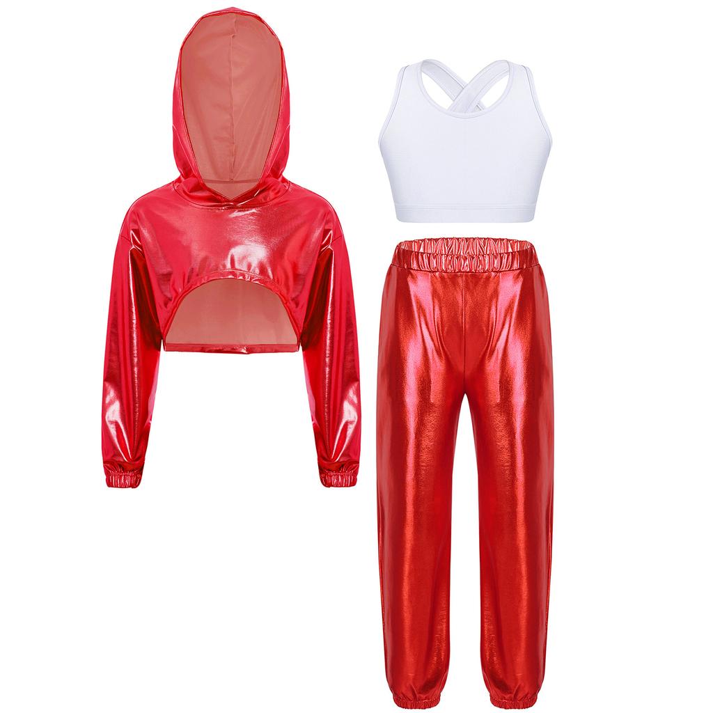 Girls Hip Hop Jazz Dance Costume 3 Piece Set Metallic Cropped Hoodie Sleeveless Keyhole Back Vest Pants
