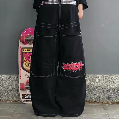 Pantalones vaqueros holgados con bordados de estilo hip hop Y2k, ropa de calle, pantalones vaqueros de cintura alta para hombre y mujer, pantalones negros Harajuku