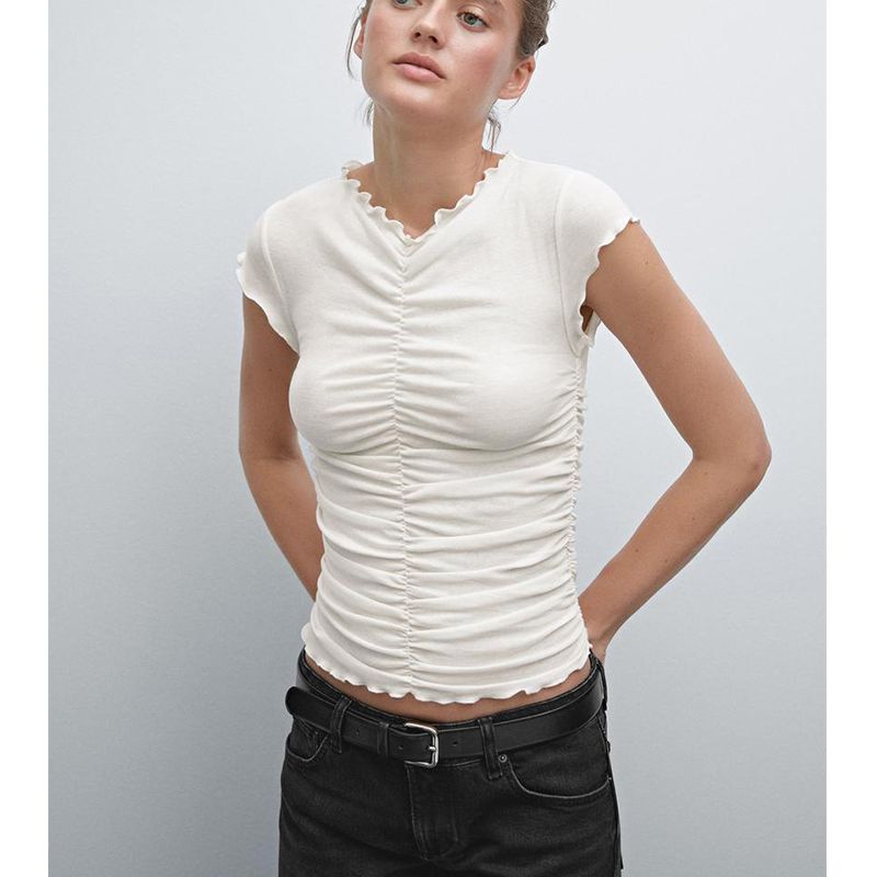 MD Summer New Arrival Women's Clothing Normcore Stylish Pleated Cotton Ruffle V-neck Flounced Sleeve T-shirt 6825207