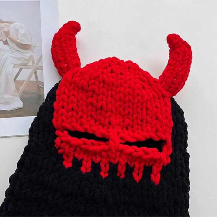 Devil Horn Face Cover Hat Knitted Balaclava Caps for Adult Teens Winter Warm Hat Adult Halloween Cosplay Costume Headwear