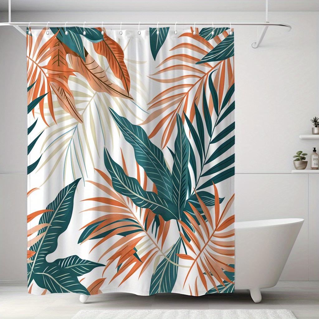 "1pc Tropical Leaf Shower Curtain - Waterproof Polyester, 12 Hooks, 71x71", Home & Bathroom Decor