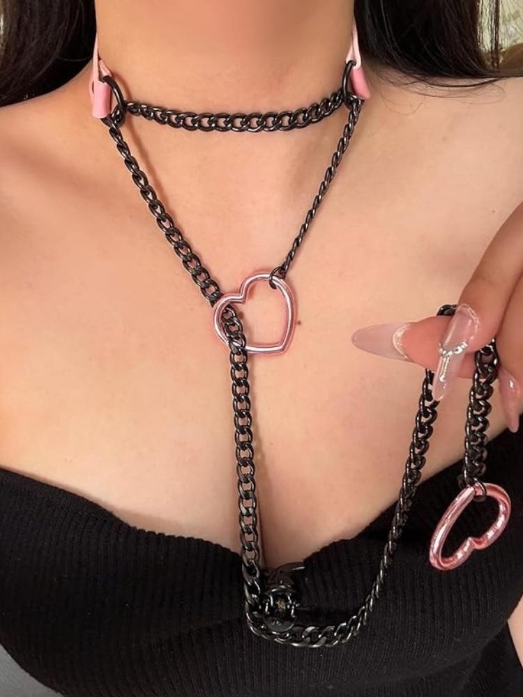 Collar Gargantilla de Cadena Deslizante con Corazón de Cuero PU de Acero Inoxidable para Mujeres Accesorios Góticos Joyería Punk Gótica Harajuku Regalos brown